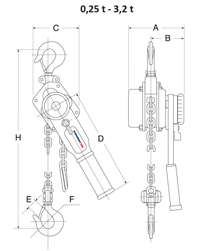 Croquis polipasto de cadena Powertex PLH-S2OLP 0,25-3t Croquis polipasto Powertex PLH-S2OLP 0,25-3t