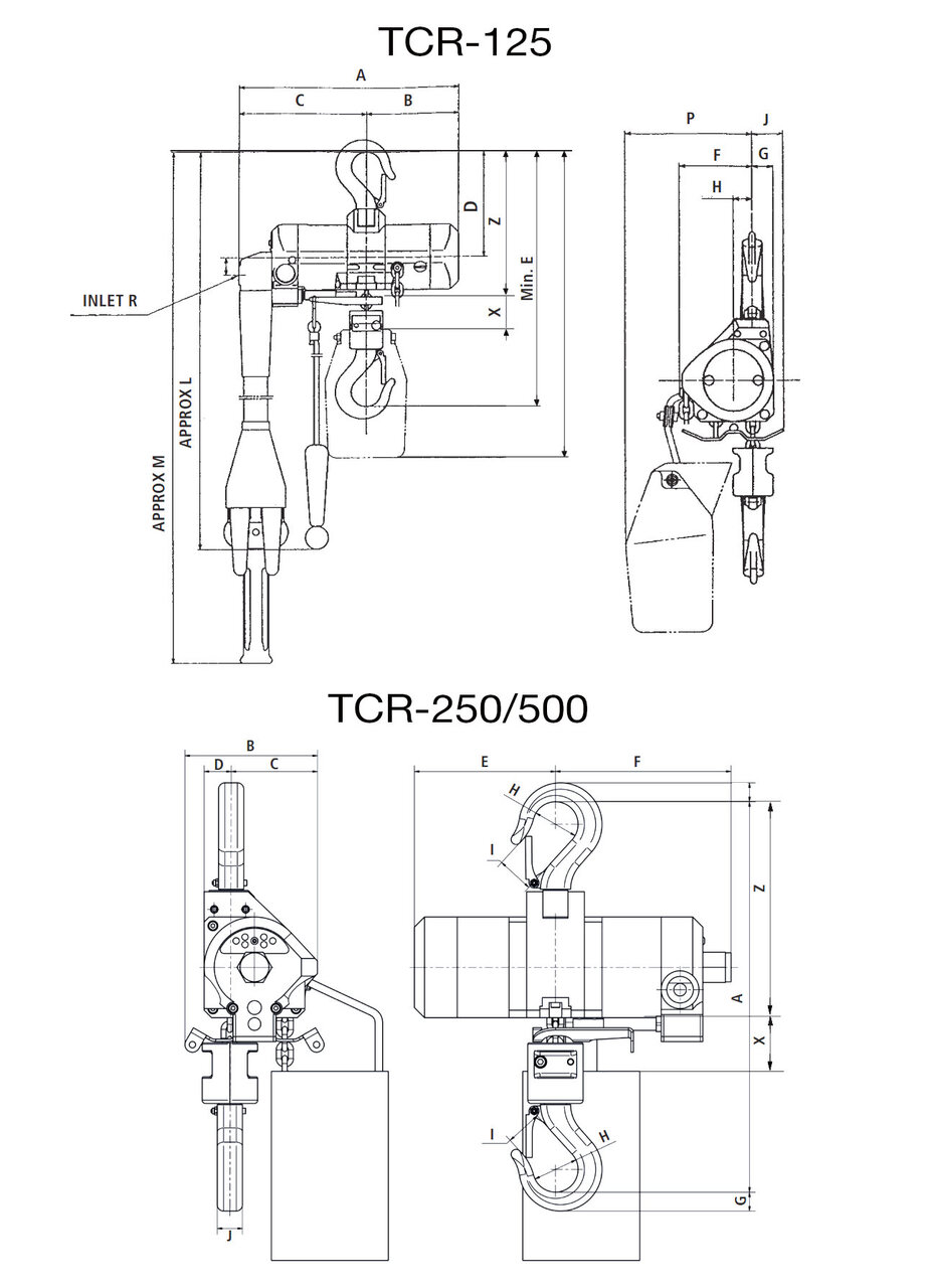 Croquis polipastos neumáticos con cadena Red Rooster TCR-125 y TCR-250/500 Croquis polipastos Red Rooster TCR-125 y TCR-250/500