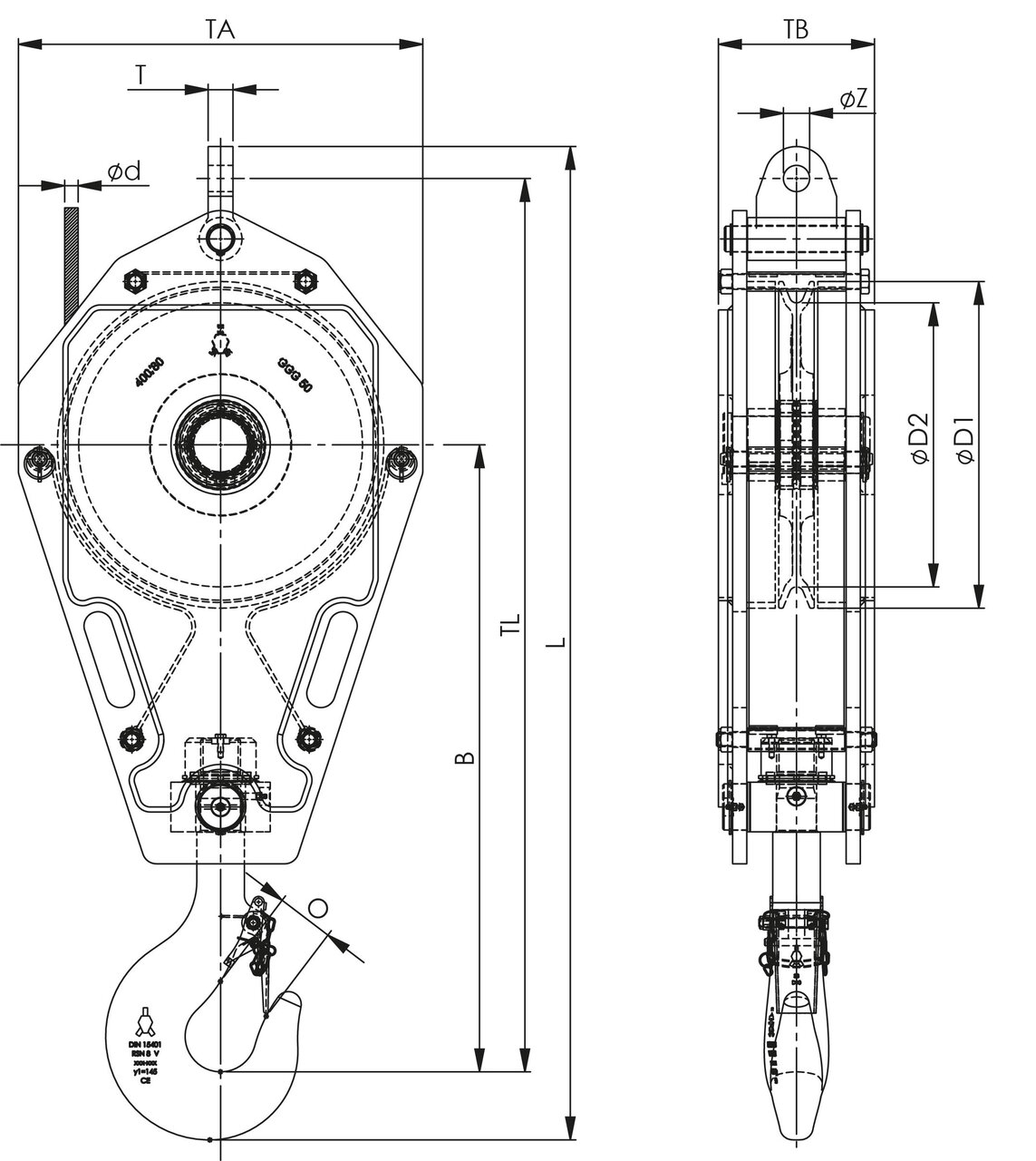 Croquis PASTECAS Fast Reeve - 1 polea - terminal para cable de acero Croquis PASTECAS Fast Reeve - 1 polea