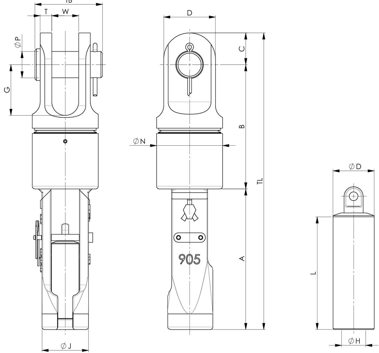 Croquis terminal giratorio para cable Super Reeve SCS-SW Croquis Ropeblock SCS-SW