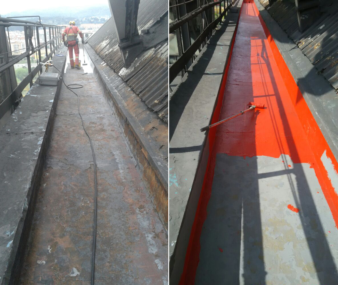Bajantes y canales Antes y después del mantenimiento de un canal situado en una cubierta