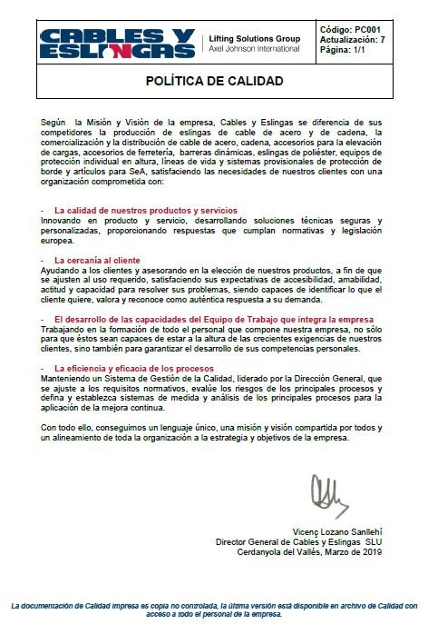 Política de Calidad Cables y Eslingas SLU Documento Política de Calidad